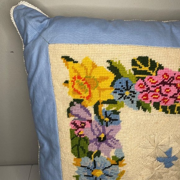Vintage Handmade Needlework Pillow Case Sham with Throw Pillow Floral 19x19 - Picture 2 of 5